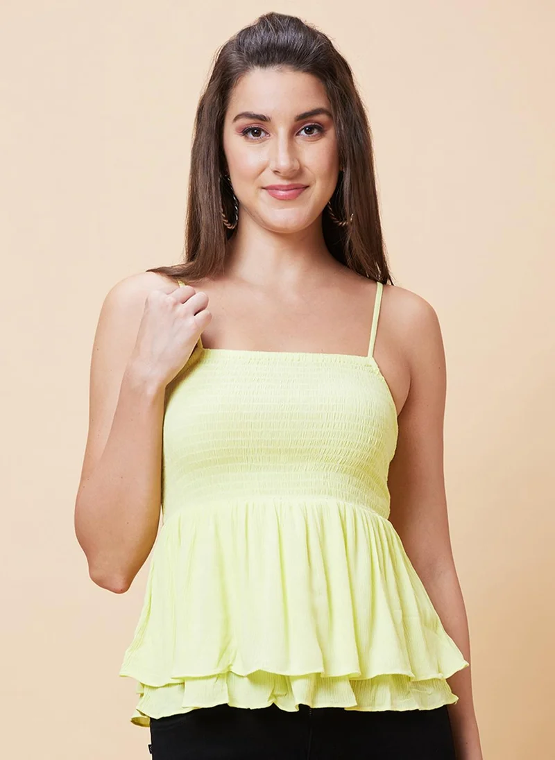 globus Globus Women Yellow Shoulder Straps Smocked Peplum Top